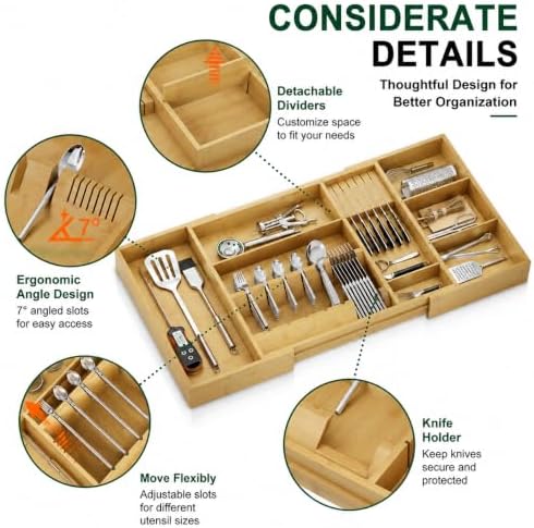 Bamboo Expandable Kitchen Drawer Organizer, 17.8-30 in,Natural