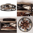 shluce caged ceiling fan with light and remote on a desk or shelf