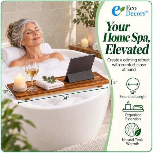 EcoDecors 34" Natural Teak Bath Tray for Tub, Bathtub Table