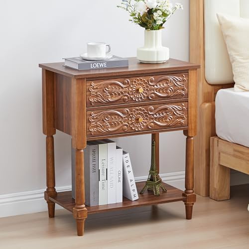 Nightstand, Farmhouse Bedside Table with 2 Drawers and Open Shelf