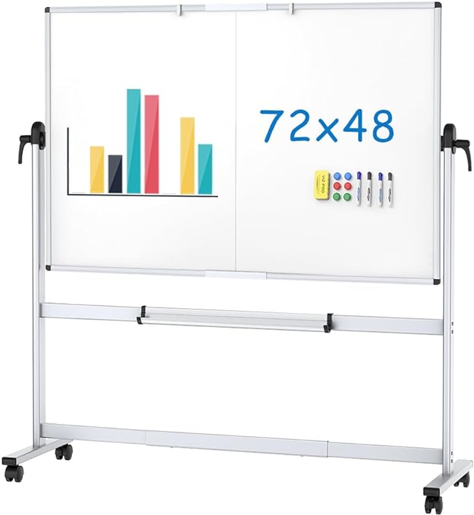VIZ-PRO Double-Sided Mobile Whiteboard, 72 x 48 Inches, Magnetic Rolling Dry by VIZ-PRO