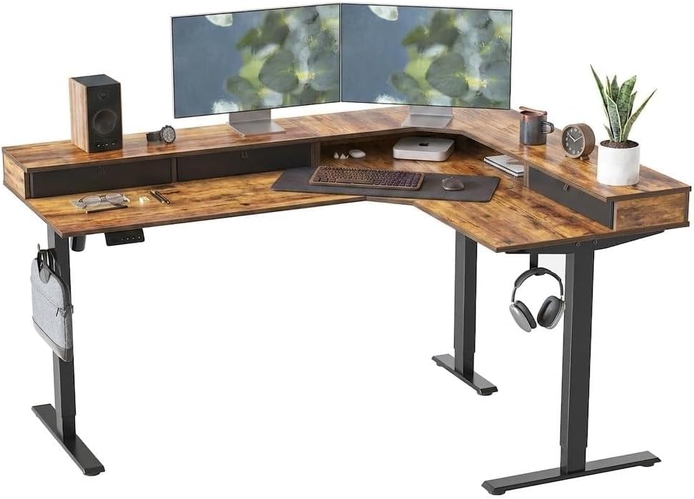 CubiCubi 63"x48" L Shaped Standing Desk with Drawers & Shelf, R...