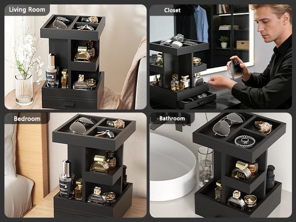 Rotating Cologne Organizer for Men, 3 Tier Wooden Stand with Drawer