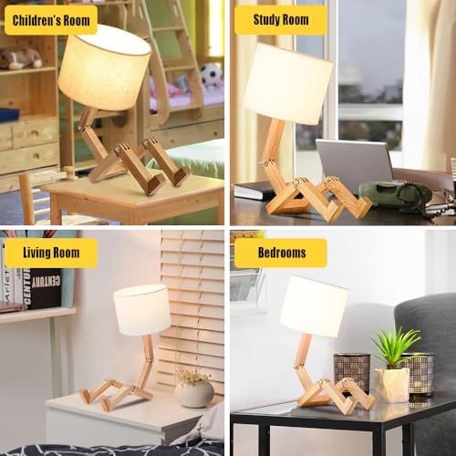 Robot Table Lamp,Cute Bedside Light,Adjustable Wood Arms and Legs,Cute Desk L...
