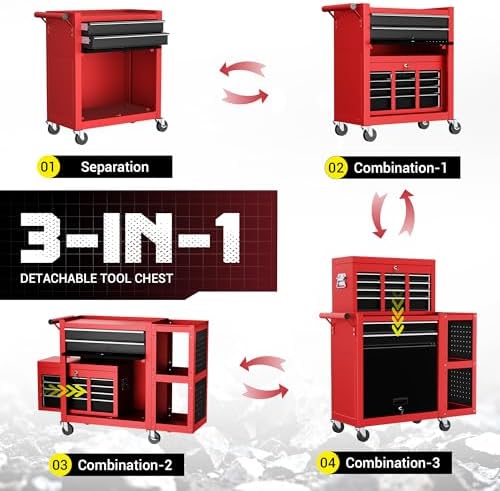 8 drawer rolling tool chest, 3-in-1 assembled tool, side view