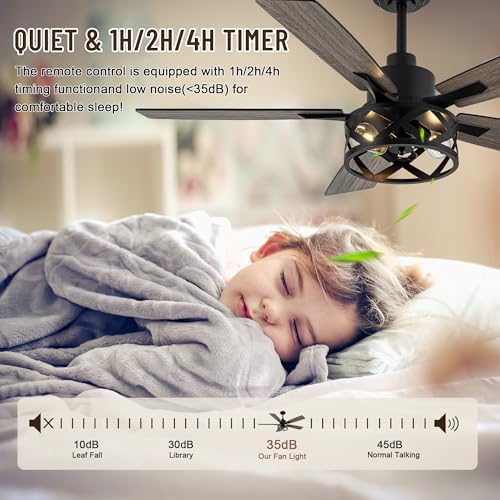 52" farmhouse ceiling fan with lights and remote, side view