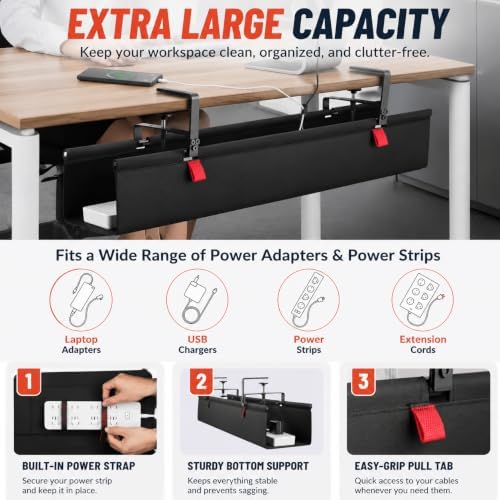 No Drill Under Desk Cable Management Tray, 90cm Power Strip Cord Organizer