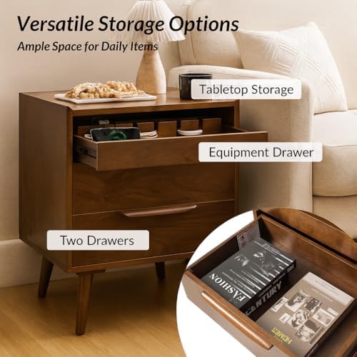 HULALA HOME 2-Drawer End Table with Charge Station, Set of 2 Walnut