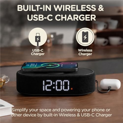 fabric digital alarm clock for bedroom, wireless charging, side view