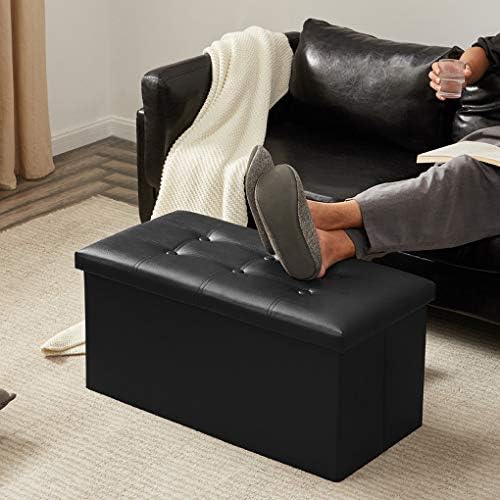 YOUDENOVA 30" Ottoman with Storage, Folding Faux Leather Bench, Black