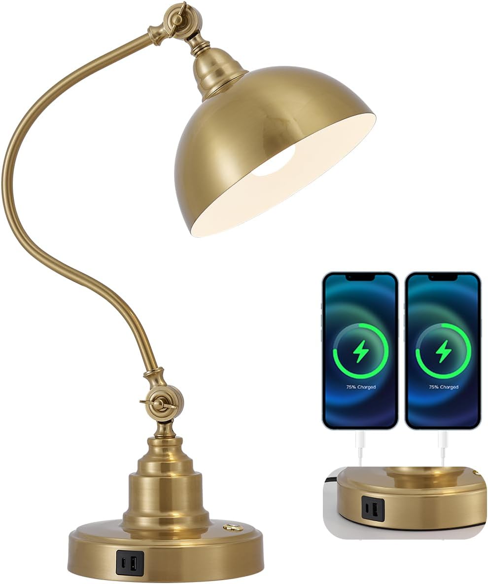 Fetason Dimmable Touch Control Gold Desk Lamp with Swing Arm Charging Port