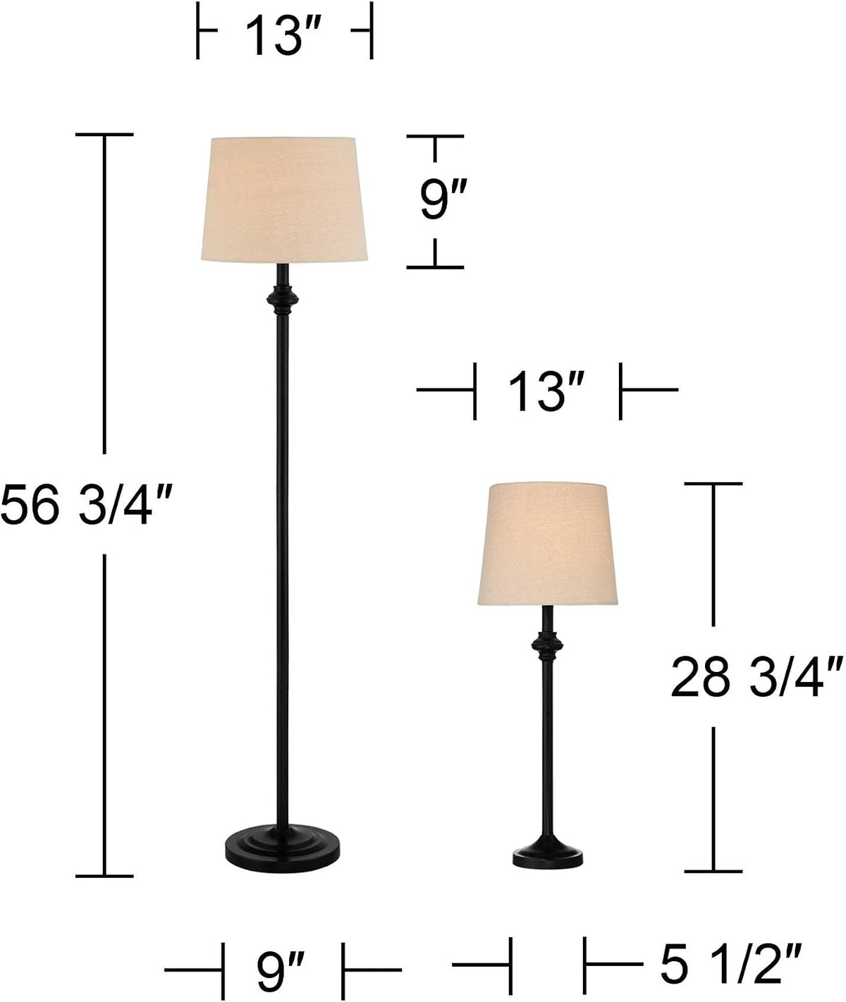 360 Lighting Carter Traditional 3 Piece Table Floor Lamp Set Black Metal Crea...