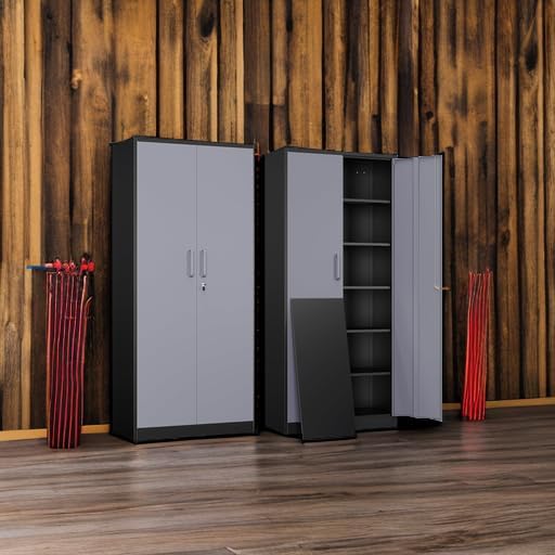 yizosh metal garage storage cabinet with 2 doors showing dimensions