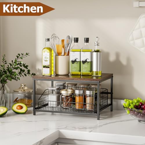 KLM Pull Out Spice Rack Organizer for Cabinet,Rustic Wood Top with Wire Baske...
