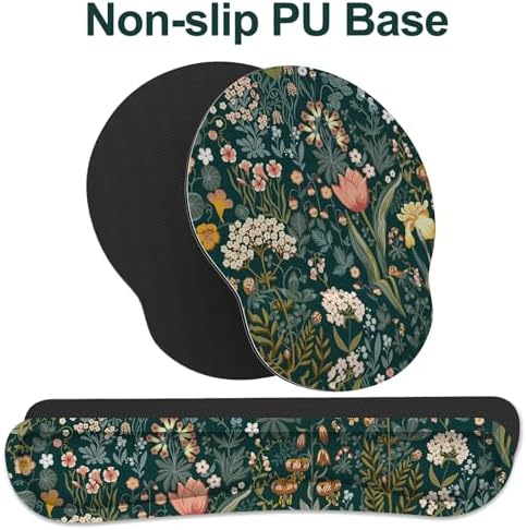 Ergonomic Mouse Pad with Wrist Rest and Keyboard Wrist Rest, Mousepad | Memory Foam Wrist Rest for Computer Keyboard, Pain Relief, Non-Slip Base, Mouse Pad Wrist Support for Gaming, Green Flowers