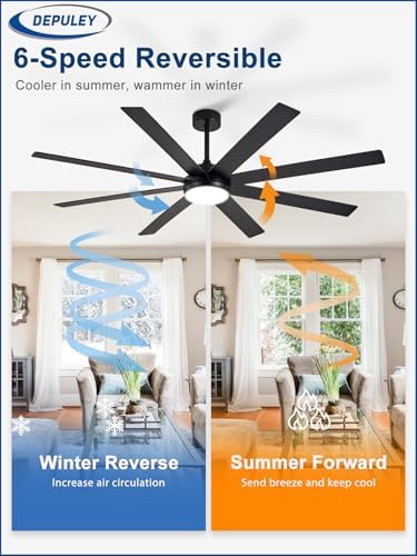 depuley 66" ceiling fans with lights: black indoor/outdoor showing dimensions