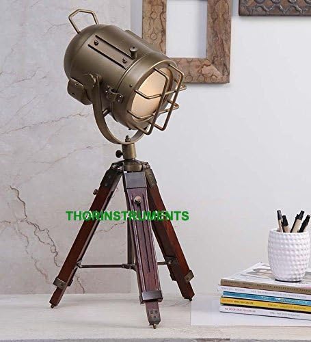 THOR INSTRUMENTS Vintage Industrial Tripod Table Lamp, Brown Brass Teak Wood