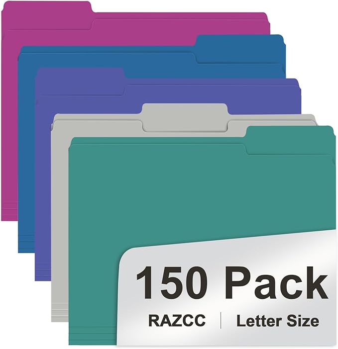 File Folder, RAZCC 150 Pack 1/3 Cut Tab File Folders Letter Size, Colored File by RAZCC