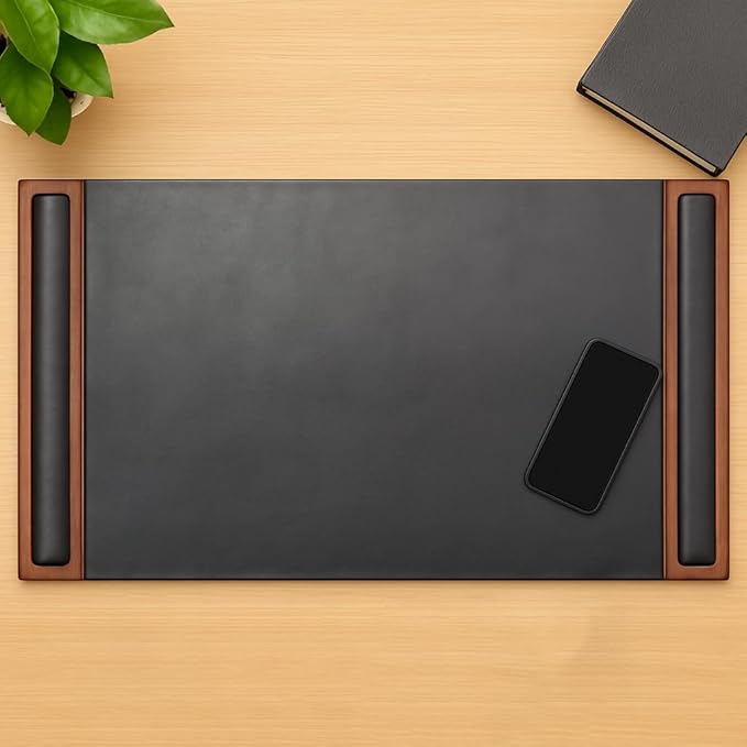 Walnut & Black Leather 34" x 20" Side-Rail Desk Pad by Dacasso