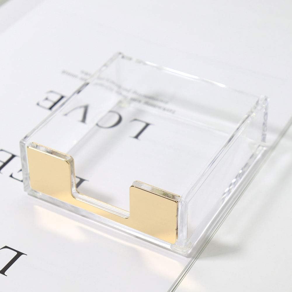 Buqoo Acrylic Sticky Notes Pad Holder Gold Desk Organizer Memo Holder | Clear acrylic sticky notes holder with gold base, fits standard 3x3 memo pads and keeps your desk stylish and organized.