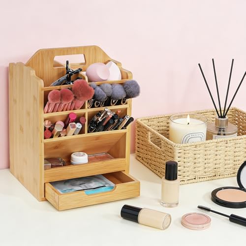 soujoy bamboo pen holder organizer, 360°rotating art supply, front angle view