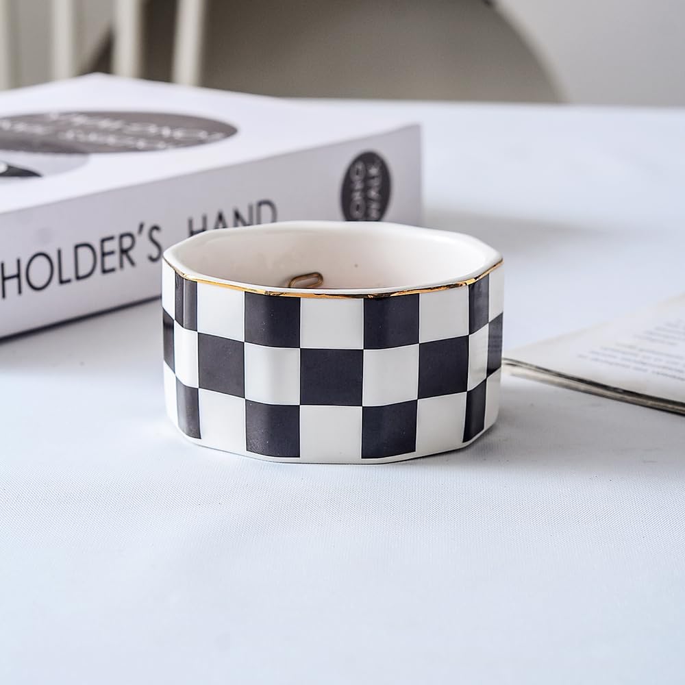 Paper Clip Holder Ceramic Checkered Paper Clip Dispenser for Desk Paper Clip Organizer Office Cute Desktop Decor Binder Clip Holder (Black-01)