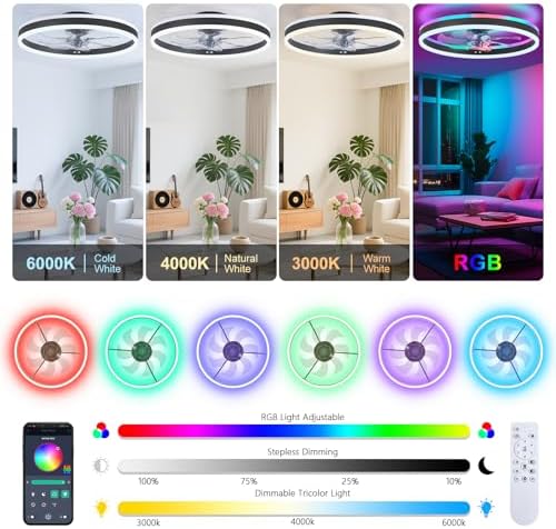 sterren rgb ceiling fan with light, low profile, side view