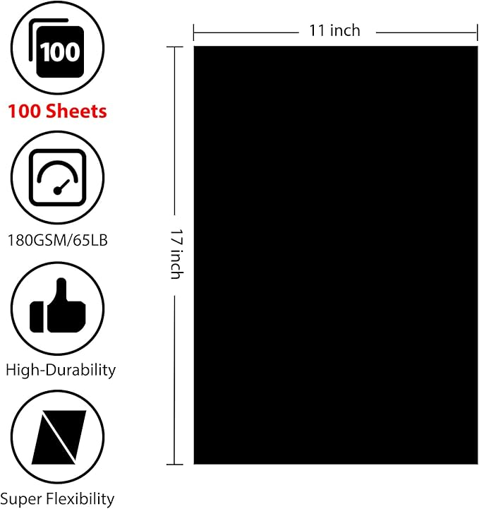 OcePor 100 Sheets Black Cardstock 11” x 17”, 65lb/180gsm Black Card Stock - Image 2