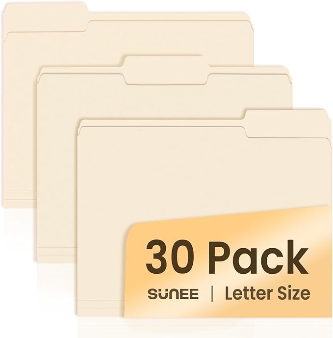 SUNEE File Folders, 30 Pack Manilla Folders 8.5 x 11, 1/3 Cut Tab by SUNEE