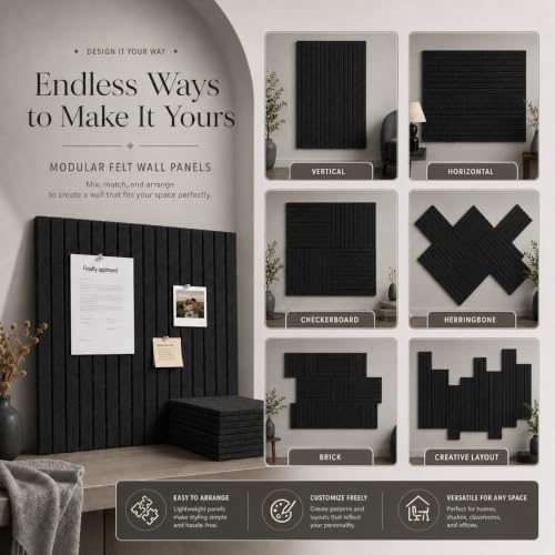 Large Felt Bulletin Board, 48" x 36", 12 Black Felt Tiles