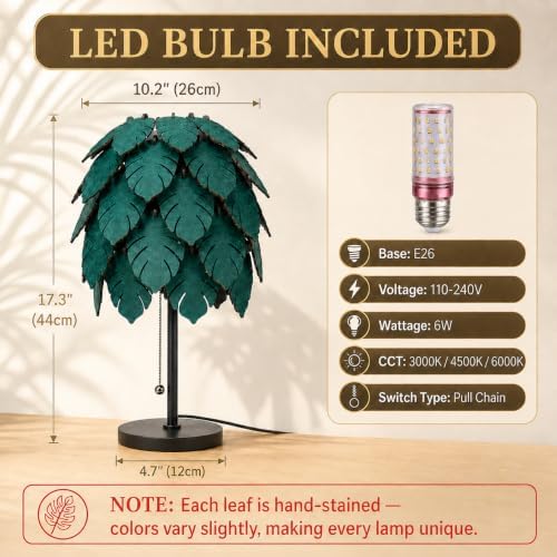 DIY Wood Monstera Table Lamp for Bedroom, Dimmable Lamp with Pull Chain