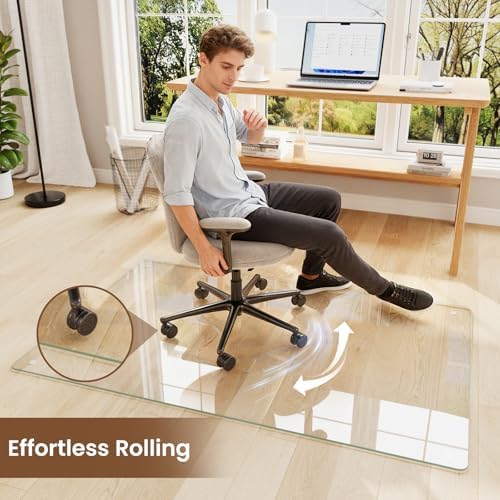 30"x48" Tempered Glass Chair Mat for Carpet | Tempered Glass, Round Corner, Desk Floor Mat for Office Chair/Rolling Chair/Hardwood Floor, 6 Anti-Slip Pads