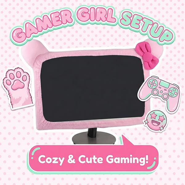 Monfurise 1 Pcs Cute Cat Ear Computer Monitor Cover, Kawaii Pink Dustproof - Image 3