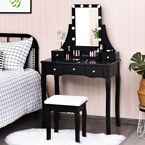 DORTALA Vanity Table Set w/Lighted Mirror, Morden Vanity Dressing Table w/ 10...