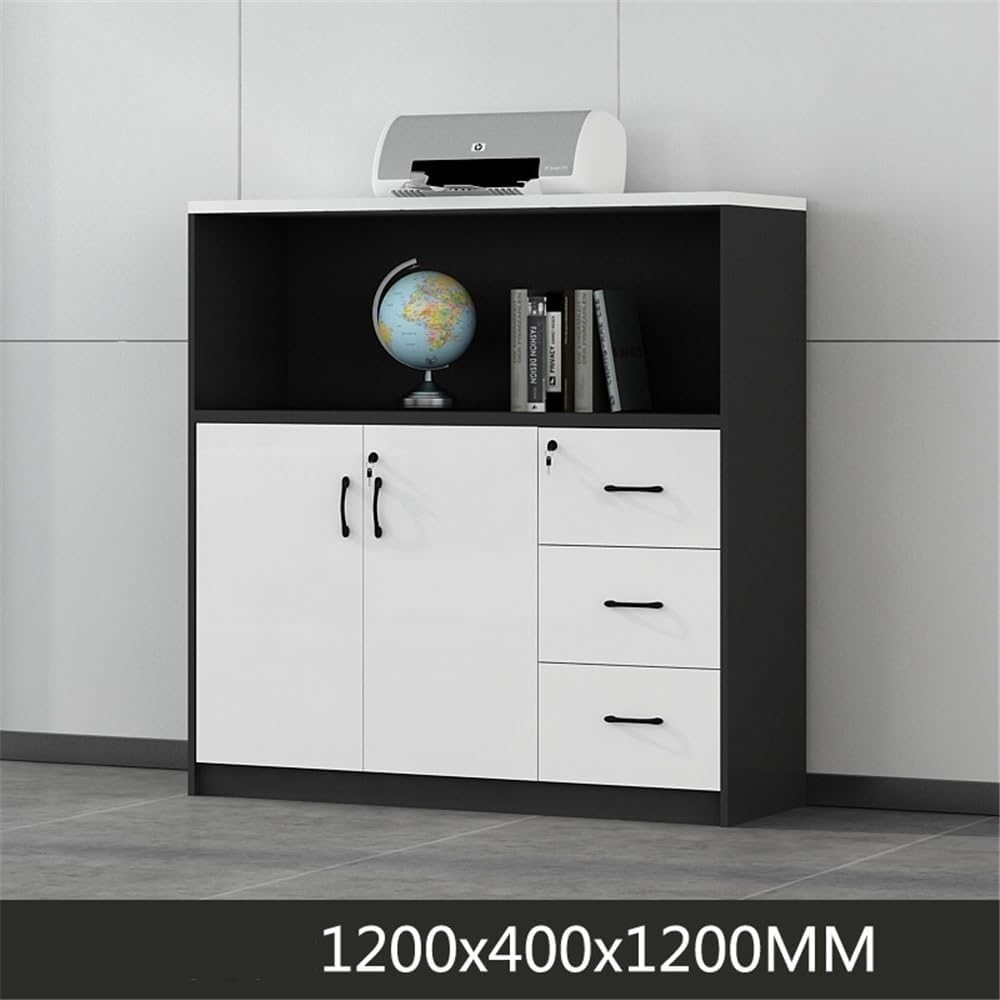 Multifunctional Wooden File Cabinet White + Black Double Door with Three Drawers Storage Data File Cabinets