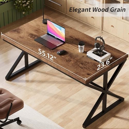 55” Computer Desk, Industrial Brown Home Office Desk Rustic Brown | Wooden Metal Executive Pc Computer Desk Table, Wood Student Gaming Study Computer Table for Bedroom Living Room