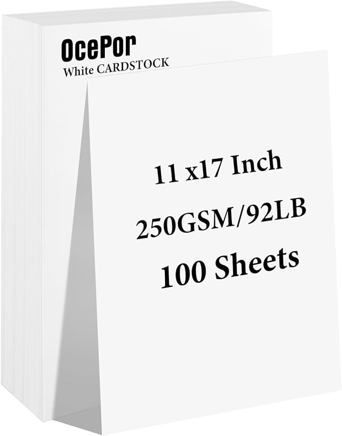 OcePor 100 Sheets White Cardstock 11” x 17”, 92lb/250gsm Card Stock, Thick Card by OcePor