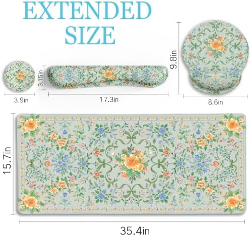 LIMKRIAN Floral Desk Mat Set, Cute Green Mouse Pad with Gel Wrist Rest | Ergonomic Shape Design, XXL Large Desk Pad Stitched Edges, Keyboard Wrist Support, Coaster, Desk Accessories Decor for Women