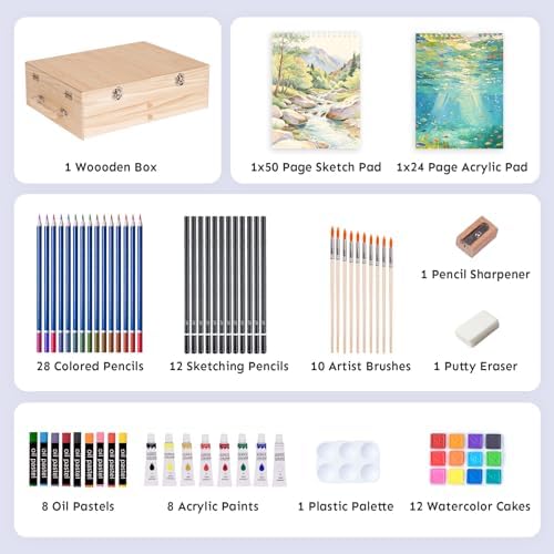 tmol 85 piece deluxe wooden art supplies, art shown in use