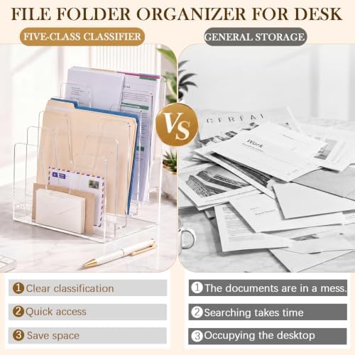 5 Section Clear Acrylic File Organizer, Inclined Desktop File Sorter
