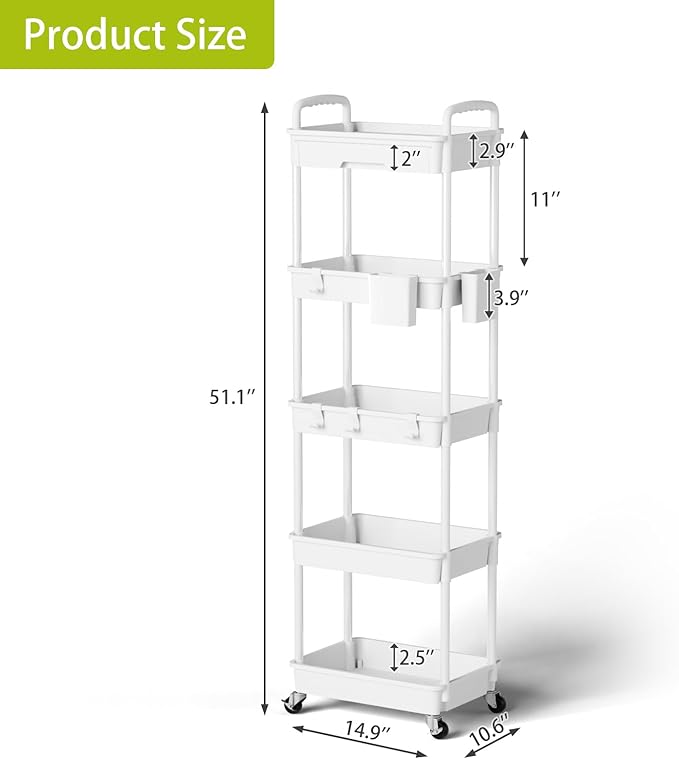 Sorgion 5 Tier Rolling Cart Organizer, Bathroom Cart Organizers - Image 3
