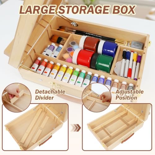 tabletop easel for painting, adjustable beechwood sketchbox, portable, close-up detail