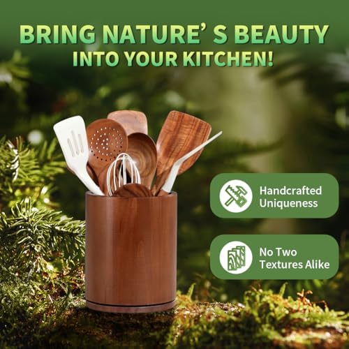 Walnut Utensil Holder, 360° Rotating 7.3 in Kitchen Organizer
