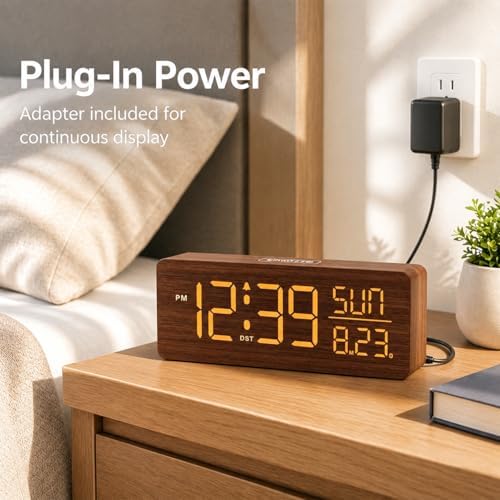 peakeep wooden digital alarm clock large display, textured shown in use