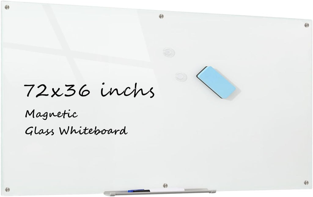 Glass Whiteboard Magnetic Dry Erase Board 6' x 3', Large Frameless Glass White