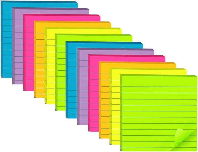 Lined Sticky Notes 4x4 in, 6 Bright Colors Self-Stick Note Pads, Strong Adhesive by Vanpad