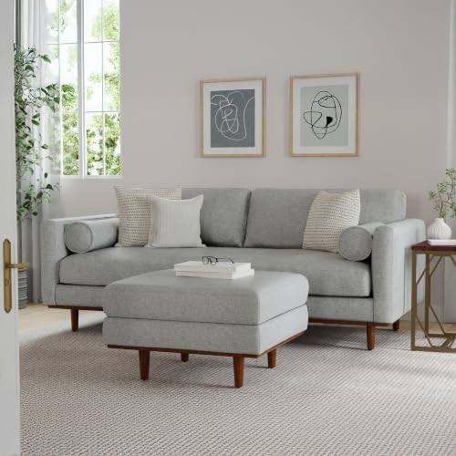 SIMPLIHOME Morrison 33" Wide Woven-Blend Rectangle Ottoman in Mist Grey