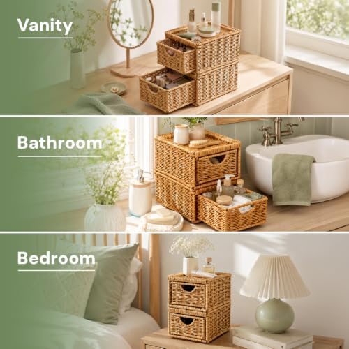 Cantalop 2PCS Stackable Rattan Storage Drawers, Makeup Organizer