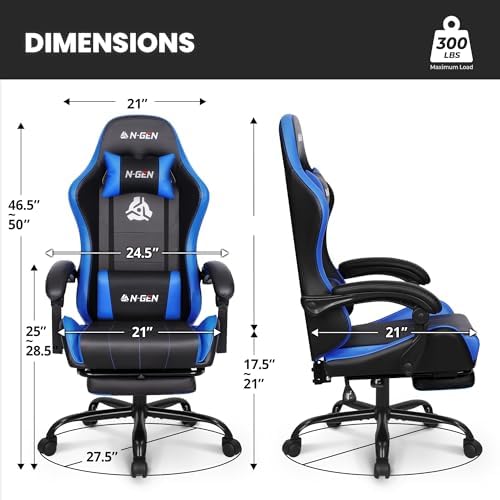 N-GEN GAMING Gaming Chair with Footrest, Lumbar Support, High-Back, Blue
