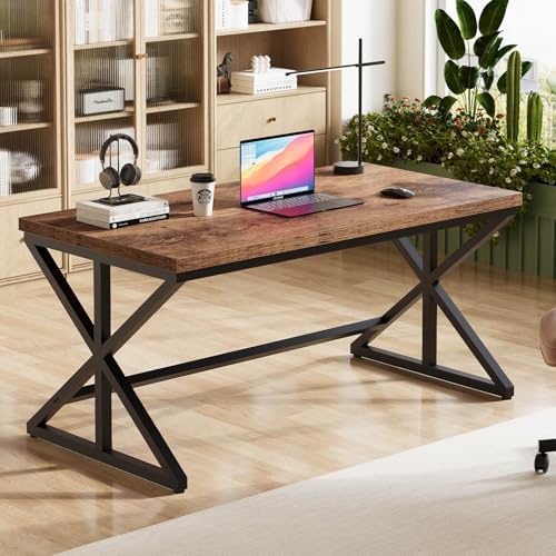 55” Computer Desk, Industrial Brown Home Office Desk Rustic Brown | Wooden Metal Executive Pc Computer Desk Table, Wood Student Gaming Study Computer Table for Bedroom Living Room